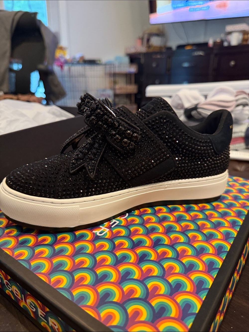 Kurt Geiger Black Crystal-Embellished Slip-On Sneaker with White Sole